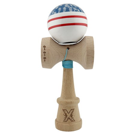 Kendama X Originala CHICANOS, Profesionala, Flippy, Cupe Mari KING SIZE V3, Super Sticky, Gaura in Baza, Rulment Metalic, din lemn 18 cm, Ata 55 cm, Albastru/Alb [1]