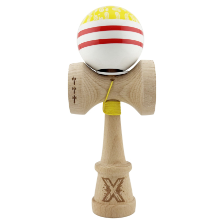 Kendama X Originala CHICANOS, Profesionala, Flippy, Cupe Mari KING SIZE V3, Super Sticky, Gaura in Baza, Rulment Metalic, din lemn 18 cm, Ata 55 cm, Galben/Alb [1]