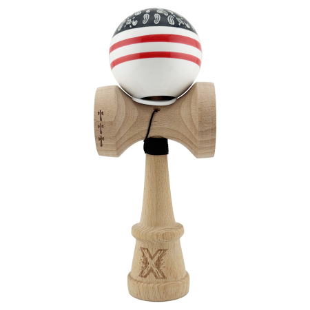 Kendama X Originala CHICANOS, Profesionala, Flippy, Cupe Mari KING SIZE V3, Super Sticky, Gaura in Baza, Rulment Metalic, din lemn 18 cm, Ata 55 cm, Negru/Alb [1]