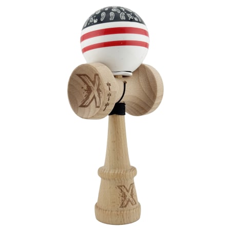 Kendama Chicanos V3 King Size - Kendama X Originala CHICANOS, Profesionala, Flippy, Cupe Mari KING SIZE V3, Super Sticky, Gaura in Baza, Rulment Metalic, din lemn 18 cm, Ata 55 cm, Negru/Alb