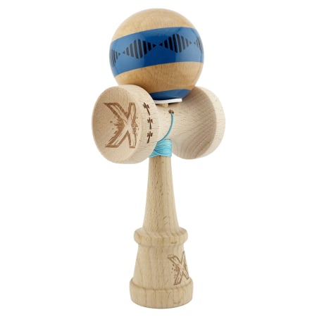 Kendama Frequency V3 King Size - Kendama X Originala FREQUENCY, Profesionala, Flippy, Cupe Mari KING SIZE V3, Super Sticky, Gaura in Baza, Rulment Metalic, din lemn 18 cm, Ata 55 cm, Albastru/Maro