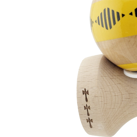Kendama X Originala FREQUENCY, Profesionala, Flippy, Cupe Mari KING SIZE V3, Super Sticky, Gaura in Baza, Rulment Metalic, din lemn 18 cm, Ata 55 cm, Galben/Maro [6]