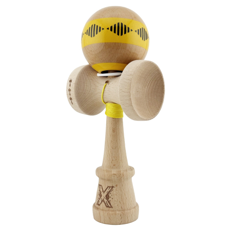 Kendama X Originala FREQUENCY, Profesionala, Flippy, Cupe Mari KING SIZE V3, Super Sticky, Gaura in Baza, Rulment Metalic, din lemn 18 cm, Ata 55 cm, Galben/Maro [10]