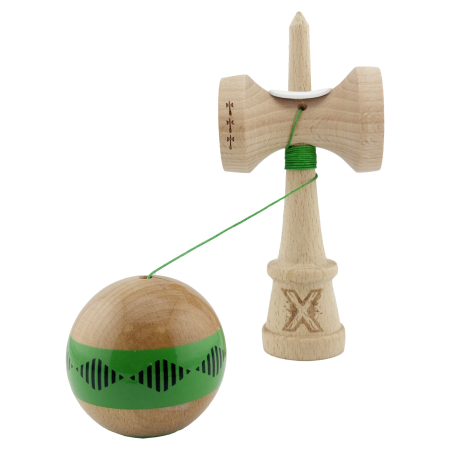 Kendama X Originala FREQUENCY, Profesionala, Flippy, Cupe Mari KING SIZE V3, Super Sticky, Gaura in Baza, Rulment Metalic, din lemn 18 cm, Ata 55 cm, Verde/Maro [4]