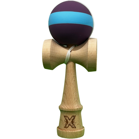 Jucarii pentru Copii - Jucarie Kendama X Originala, Profesionala, Flippy, din Lemn, Rubber Grip, 18 cm, Mov/Albastru