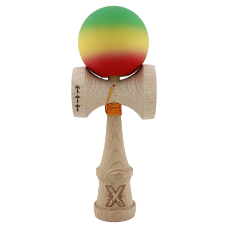 Kendama Rubber Big Cup V2 - Kendama X Originala, Profesionala, Flippy, Big Cups V2, Rubber Grip cu Cupe Mari, Rulment Metalic cu Ata 55 cm, Verde/Galben/Rosu