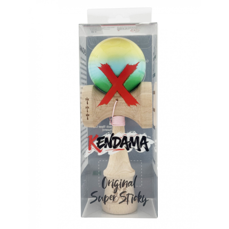 Kendama X Originala, Profesionala, Flippy, Big Cups V2, Super Sticky cu Cupe Mari, din lemn 18 cm, Rulment Metalic cu Ata 55 cm, Galben/Albastru/Verde [4]