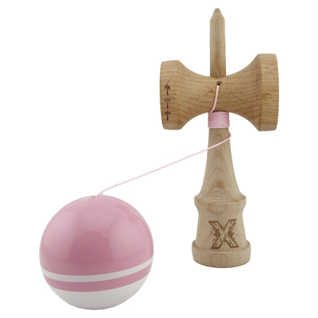 Kendama X Originala, Profesionala, Flippy, Big Cups V2, Super Sticky cu Cupe Mari, din lemn 18 cm, Rulment Metalic cu Ata 55 cm, Roz/Alb [2]
