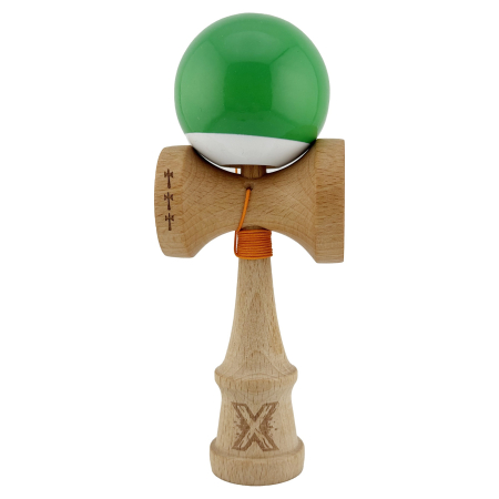 Kendama Super Sticky V2 Cupe Mari - Kendama X Originala, Profesionala, Flippy, Big Cups V2, Super Sticky cu Cupe Mari, din lemn 18 cm, Rulment Metalic cu Ata 55 cm, Verde/Alb