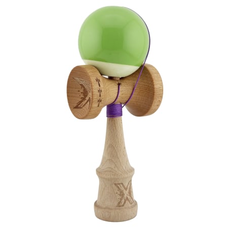 Kendama X Originala, Profesionala, Flippy, Big Cups V2, Super Sticky cu Cupe Mari, din lemn 18 cm, Rulment Metalic cu Ata 55 cm, Verde deschis/Alb [1]