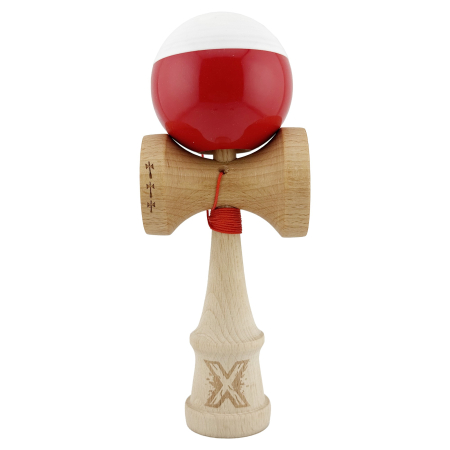 Kendama Super Sticky V2 Cupe Mari - Kendama X Originala, Profesionala, Flippy, Big Cups V2, Super Sticky cu Cupe Mari, Rulment Metalic, din lemn 18 cm, Ata 55 cm, Alb/Rosu