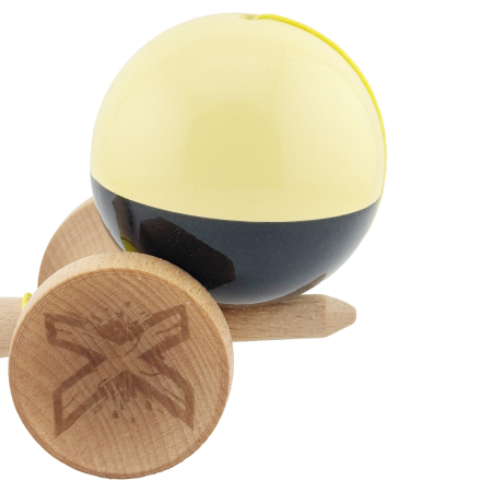 Kendama X Originala, Profesionala, Flippy, Big Cups V2, Super Sticky cu Cupe Mari, Rulment Metalic, din lemn 18 cm, Ata 55 cm, Galben/Negru [7]