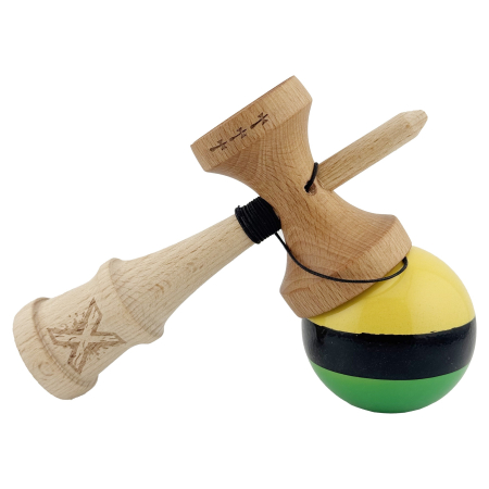 Kendama X Originala, Profesionala, Flippy, Big Cups V2, Super Sticky cu Cupe Mari, Rulment Metalic, din lemn 18 cm, Ata 55 cm, Galben/Negru/Verde [3]