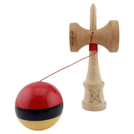 Kendama X Originala, Profesionala, Flippy, Big Cups V2, Super Sticky cu Cupe Mari, Rulment Metalic, din lemn 18 cm, Ata 55 cm, Rosu/Negru/Galben [2]