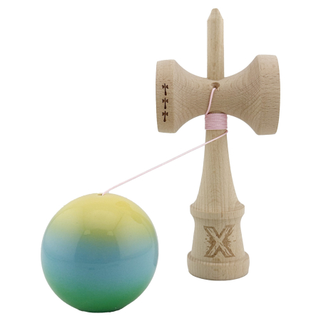 Kendama X Originala, Profesionala, Flippy, Big Cups V2, Super Sticky Cupe Mari, Rulment Metalic cu Ata 55 cm, Galben/Albastru deschis/Verde [2]
