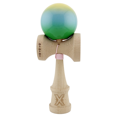 Kendama Super Sticky Big Cup V2 - Kendama X Originala, Profesionala, Flippy, Big Cups V2, Super Sticky Cupe Mari, Rulment Metalic cu Ata 55 cm, Galben/Albastru deschis/Verde