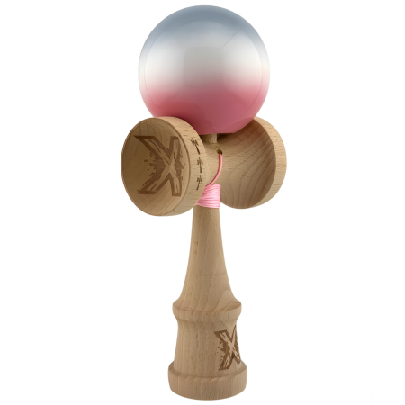 Kendama X Originala, Profesionala, Flippy, Big Cups V2, Super Sticky Cupe Mari, Rulment Metalic cu Ata 55 cm, Gradient Roz/Alb/Gri [2]