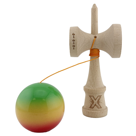 Kendama X Originala, Profesionala, Flippy, Big Cups V2, Super Sticky Cupe Mari, Rulment Metalic cu Ata 55 cm, Verde/Galben/Rosu [2]