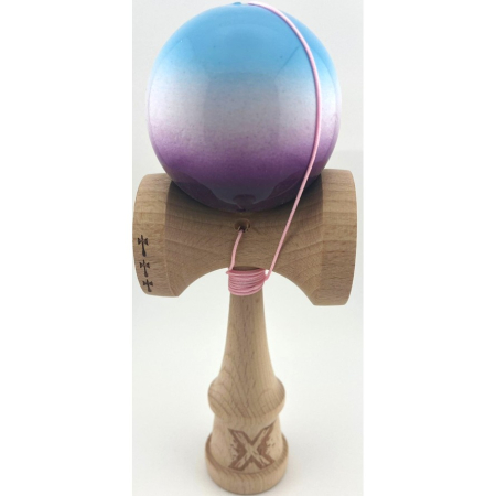 Kendama Super Sticky V2 Cupe Mari - Kendama X Originala, Profesionala, Flippy, Big Cups V2, Super Sticky cu Cupe Mari, din lemn 18 cm, Rulment Metalic cu Ata 55 cm, Albastru/Alb/Mov