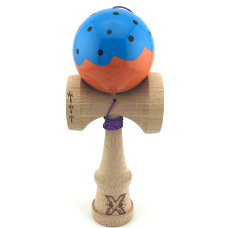 Kendama Super Sticky V2 Cupe Mari - Kendama X Originala, Profesionala, Flippy, Big Cups V2, Super Sticky cu Cupe Mari, din lemn 18 cm, Rulment Metalic cu Ata 55 cm, Albastru/Portocaliu
