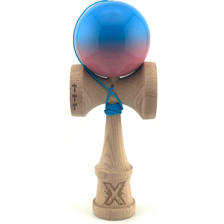 Kendama Super Sticky V2 Cupe Mari - Kendama X Originala, Profesionala, Flippy, Big Cups V2, Super Sticky cu Cupe Mari, din lemn 18 cm, Rulment Metalic cu Ata 55 cm, Albastru/Roz