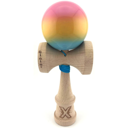 Kendama Super Sticky V2 Cupe Mari - Kendama X Originala, Profesionala, Flippy, Big Cups V2, Super Sticky cu Cupe Mari, din lemn 18 cm, Rulment Metalic cu Ata 55 cm, Roz/Galben/Albastru