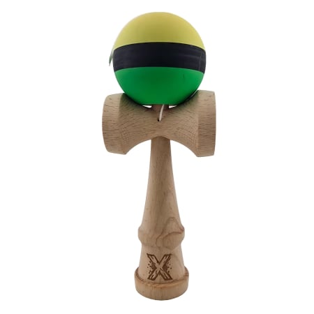 Kendama - Kendama X Originala, Profesionala, Flippy, din Lemn, Rubber Grip, 18 cm, Galben/Negru/Verde