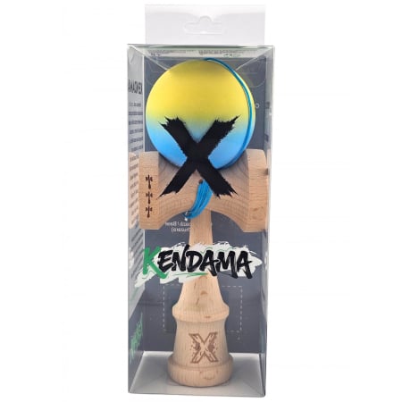 Kendama - Kendama X Originala, Profesionala, Flippy, din Lemn, Big Cups, Rubber Grip, 18 cm, Galben/Albastru