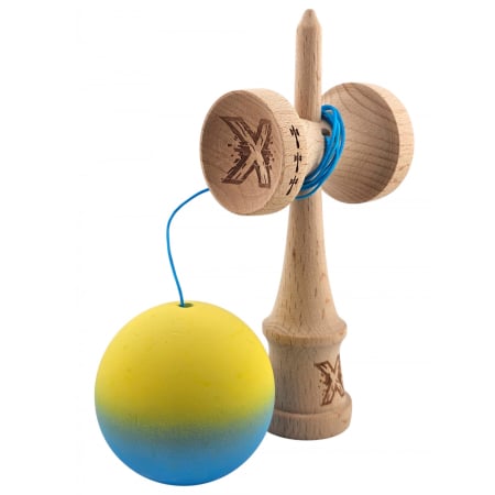 Kendama X Originala, Profesionala, Flippy, din Lemn, Big Cups, Rubber Grip, 18 cm, Galben/Albastru [2]