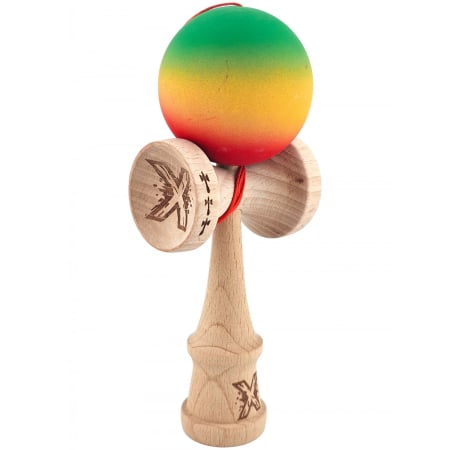 Kendama X Originala, Profesionala, Flippy, din Lemn, Big Cups, Rubber Grip, 18 cm, Verde/Galben/Rosu [2]