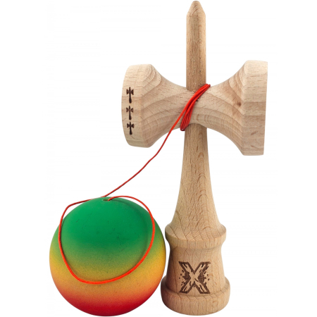 Kendama X Originala, Profesionala, Flippy, din Lemn, Big Cups, Rubber Grip, 18 cm, Verde/Galben/Rosu [1]