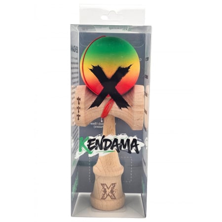 Kendama - Kendama X Originala, Profesionala, Flippy, din Lemn, Big Cups, Rubber Grip, 18 cm, Verde/Galben/Rosu