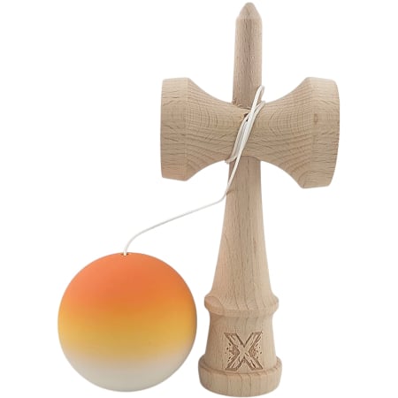 Kendama X Originala, Profesionala, Flippy, din Lemn, Rubber Grip, 18 cm, Portocaliu/Galben/Alb [1]