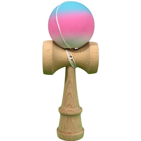 Jucarii pentru Copii - Jucarie Kendama X Originala, Profesionala, Flippy, din Lemn, Rubber Grip, 18 cm, Gradient Albastru/Roz/Alb