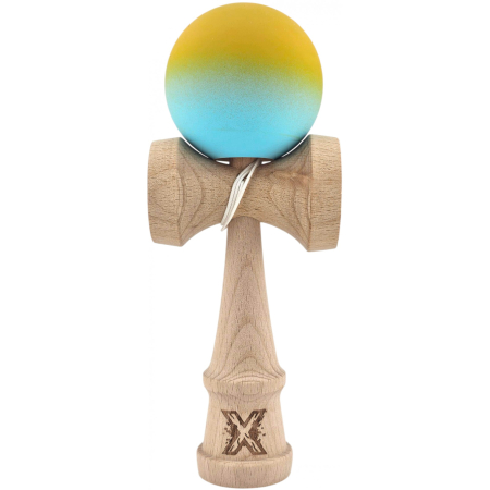 Kendama Rubber Grip - Kendama X Originala, Profesionala, Flippy, din Lemn, Rubber Grip, 18 cm, Galben/Albastru