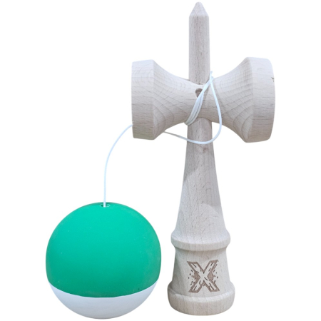 Kendama X Originala, Profesionala, Flippy, din Lemn, 18 cm, Rubber Grip, Verde Alb [3]