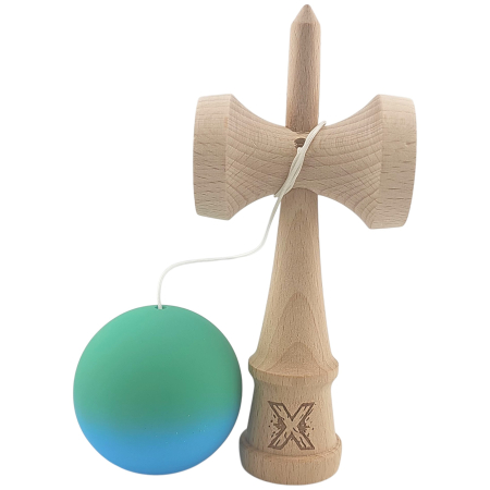 Kendama X Originala, Profesionala, Flippy, din Lemn, Rubber Grip, 18 cm, Verde/Albastru [1]