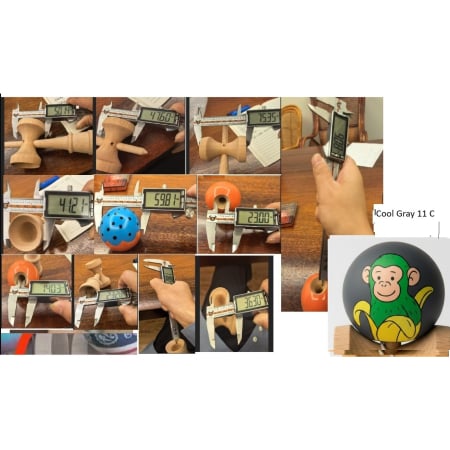 Kendama Monkey V3 Cupe Mari - Kendama X Originala, Profesionala, Flippy, Green Monkey Super Sticky cu Cupe Mari V3, King Size Cups, Rulment Metalic si Gaura in Baza, din Lemn 18 cm, Ata 55 cm, Gri inchis