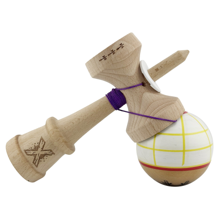 Kendama X Originala, Profesionala, Flippy, Legendary Glob, Cupe Mari KING SIZE V3, Super Sticky, Gaura in Baza, Rulment Metalic, din lemn 18 cm, Ata 55 cm, Alb/Galben/Rosu [4]