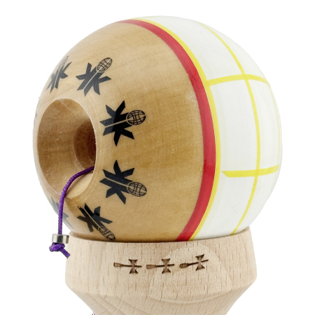 Kendama X Originala, Profesionala, Flippy, Legendary Glob, Cupe Mari KING SIZE V3, Super Sticky, Gaura in Baza, Rulment Metalic, din lemn 18 cm, Ata 55 cm, Alb/Galben/Rosu [5]