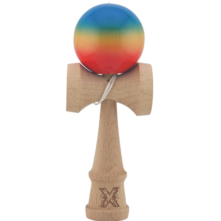 Kendama Super Sticky - Kendama X Originala, Profesionala, Flippy, Super Sticky din Lemn, 18 cm, Gradient Rosu/Galben/Albastru