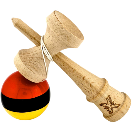 Kendama X Originala, Profesionala, Flippy, Super, Sticky din Lemn, 18 cm, Rosu/Negru/Galben [2]