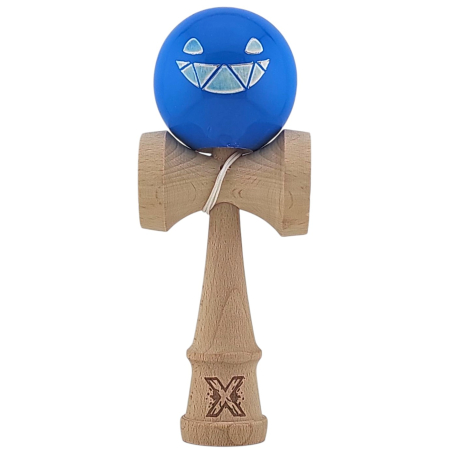Articole pentru copii - Kendama X Originala, Profesionala Limited Crazy Smile, Flippy, din Lemn, Super Stiky, 18 cm, Albastru