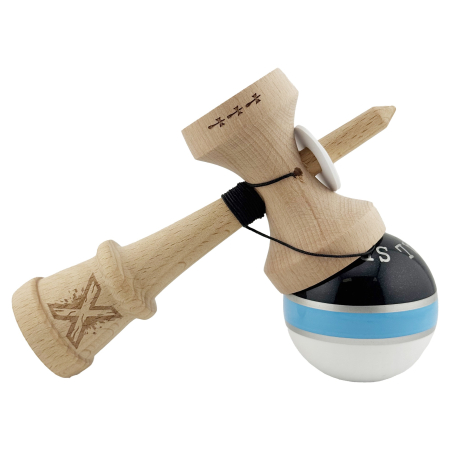 Kendama X Originala ROYAL SPIKE, Profesionala, Flippy, Cupe Mari KING SIZE V3, Super Sticky, Gaura in Baza, Rulment Metalic, din lemn 18 cm, Ata 55 cm, Inel Albastru deschis [4]