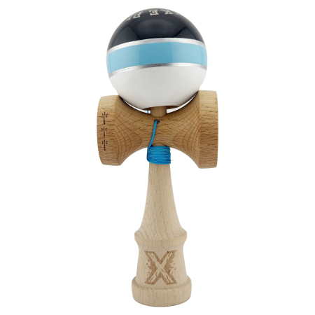 Kendama Royal Big Cup - Kendama X ROYAL SPIKE Originala, Profesionala, Flippy, Big Cups V2, Super Sticky cu Cupe Mari, Rulment Metalic, din lemn 18 cm, Ata 55 cm, Negru/Albastru Silver/Alb