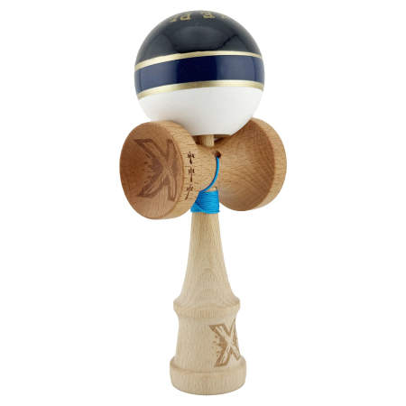 Kendama X ROYAL SPIKE Originala, Profesionala, Flippy, Big Cups V2, Super Sticky cu Cupe Mari, Rulment Metalic, din lemn 18 cm, Ata 55 cm, Negru/Dark Blue Gold/Alb [9]