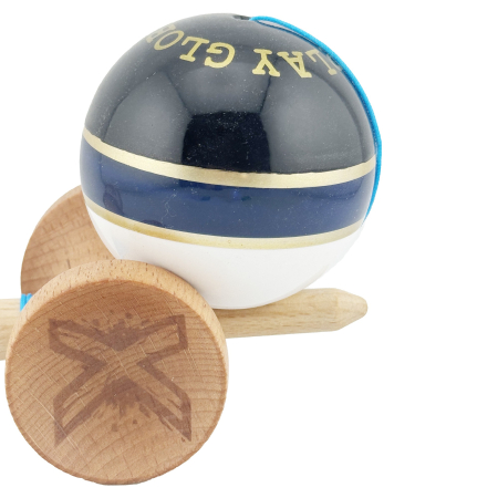 Kendama X ROYAL SPIKE Originala, Profesionala, Flippy, Big Cups V2, Super Sticky cu Cupe Mari, Rulment Metalic, din lemn 18 cm, Ata 55 cm, Negru/Dark Blue Gold/Alb [7]