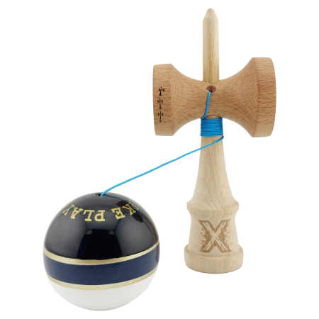 Kendama X ROYAL SPIKE Originala, Profesionala, Flippy, Big Cups V2, Super Sticky cu Cupe Mari, Rulment Metalic, din lemn 18 cm, Ata 55 cm, Negru/Dark Blue Gold/Alb [2]