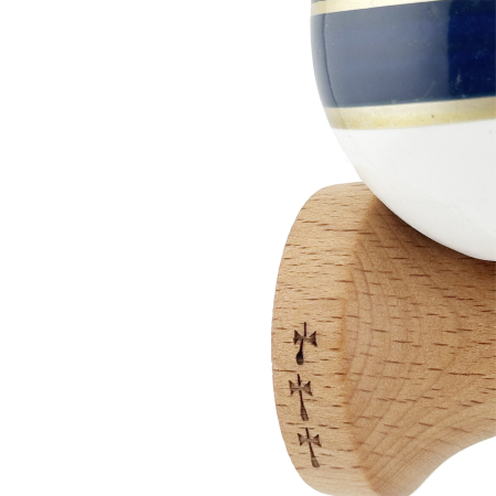 Kendama X ROYAL SPIKE Originala, Profesionala, Flippy, Big Cups V2, Super Sticky cu Cupe Mari, Rulment Metalic, din lemn 18 cm, Ata 55 cm, Negru/Dark Blue Gold/Alb [6]