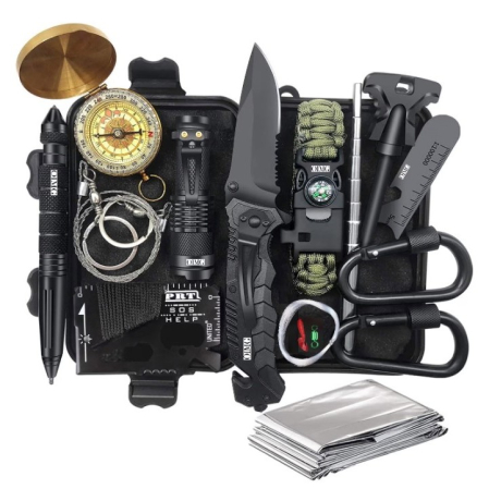 Camping - Kit de Supraviețuire Multifuncțional 16 în 1, Flippy, cu Instrumente Profesionale, Agățătoare pentru Ghiozdan și Borsetă de Depozitare Inclusă, pentru Camping, Drumeții și Aventuri în Aer Liber, Negru
